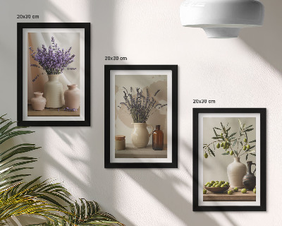 Tríptico com moldura Flores de lavanda, azeitonas e vasos de cerâmica