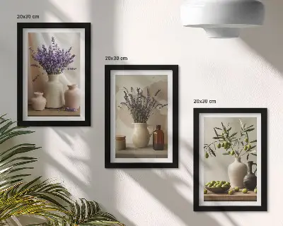 Tríptico com moldura de flores de lavanda, azeitonas e vasos de cerâmica tríptico com moldura