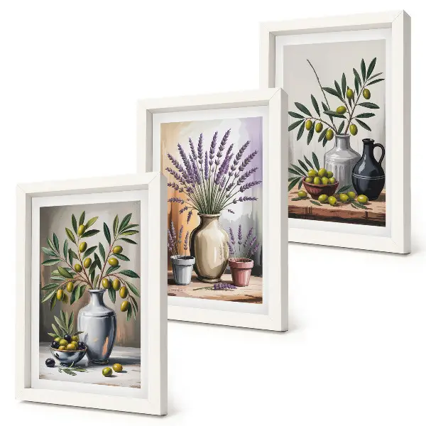 Conjunto de 3 quadros decorativos com flores e azeitonas em vasos sobre fundo claro