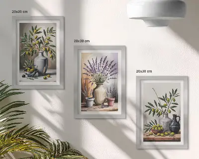 Conjunto de 3 quadros decorativos com flores e azeitonas em vasos sobre fundo claro