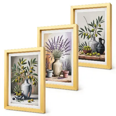 Conjunto de 3 quadros decorativos com flores e azeitonas em vasos sobre fundo claro