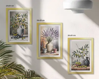 Conjunto de 3 quadros decorativos com flores e azeitonas em vasos sobre fundo claro