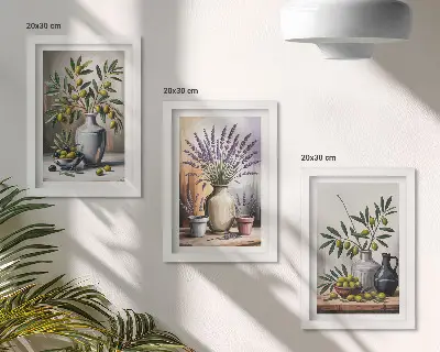 Conjunto de 3 quadros decorativos com flores e azeitonas em vasos sobre fundo claro