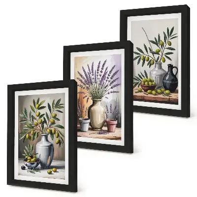 Conjunto de 3 quadros decorativos com flores e azeitonas em vasos sobre fundo claro