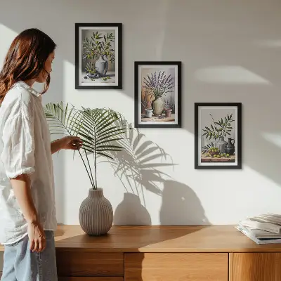 Conjunto de 3 quadros decorativos com flores e azeitonas em vasos sobre fundo claro