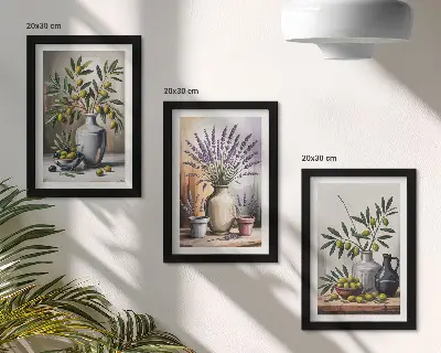 Conjunto de 3 quadros decorativos com flores e azeitonas em vasos sobre fundo claro