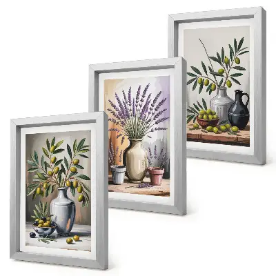 Conjunto de 3 quadros decorativos com flores e azeitonas em vasos sobre fundo claro
