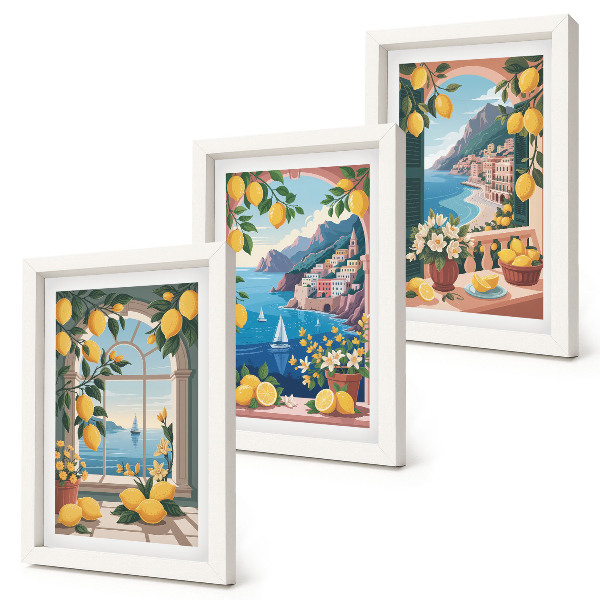 Conjunto de molduras com imagens Janela com vista para o mar e limões italianos.
