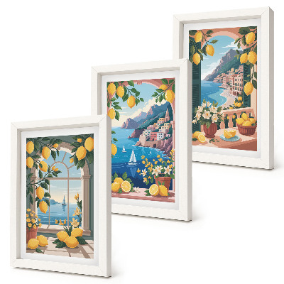 Conjunto de molduras com imagens Janela com vista para o mar e limões italianos.