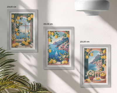 Conjunto de molduras com imagens Janela com vista para o mar e limões italianos.