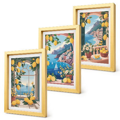 Conjunto de molduras com imagens Janela com vista para o mar e limões italianos.