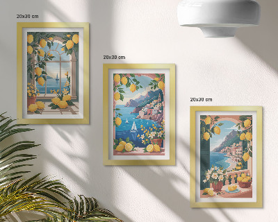 Conjunto de molduras com imagens Janela com vista para o mar e limões italianos.