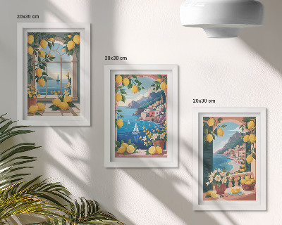 Conjunto de molduras com imagens Janela com vista para o mar e limões italianos.