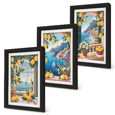 Conjunto de molduras com imagens Janela com vista para o mar e limões italianos.