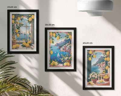 Conjunto de molduras com imagens Janela com vista para o mar e limões italianos.