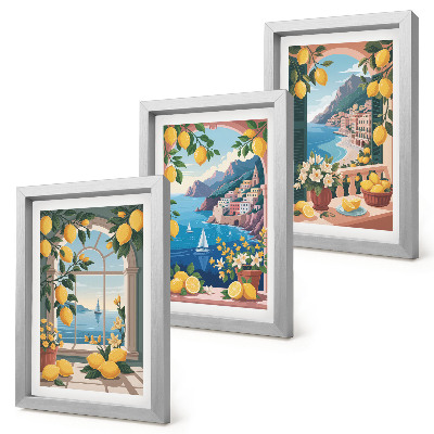 Conjunto de molduras com imagens Janela com vista para o mar e limões italianos.