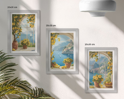 Tríptico com moldura Paisagens marítimas com limões italianos nas janelas.