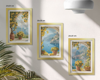 Tríptico com moldura Paisagens marítimas com limões italianos nas janelas.