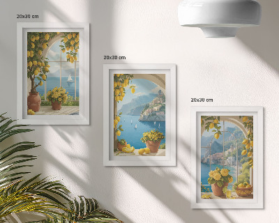 Tríptico com moldura Paisagens marítimas com limões italianos nas janelas.