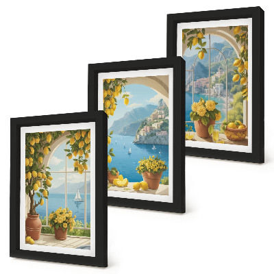 Tríptico com moldura Paisagens marítimas com limões italianos nas janelas.