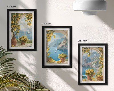 Tríptico com moldura Paisagens marítimas com limões italianos nas janelas.