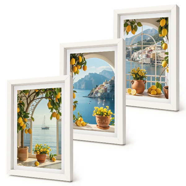 Conjunto de 3 quadros decorativos Cidade litorânea com limões e flores em vasos.