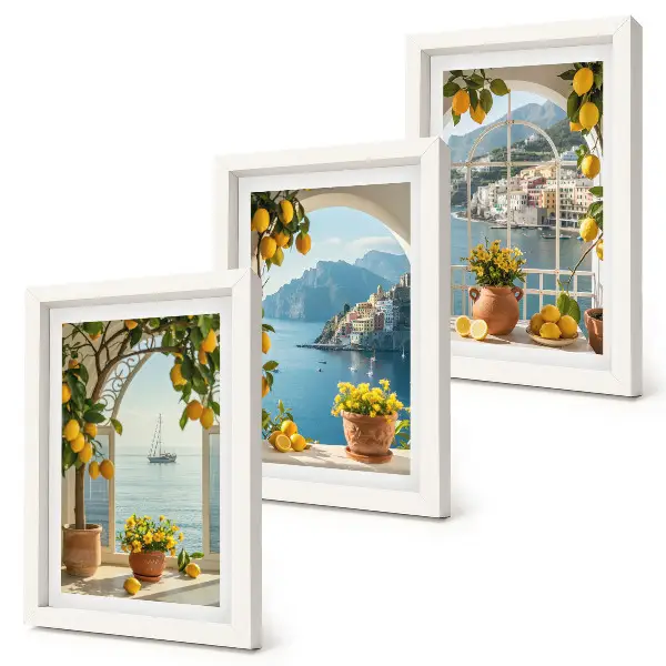 Conjunto de 3 quadros decorativos com estampa de cidade litorânea, limões e flores em vasos
