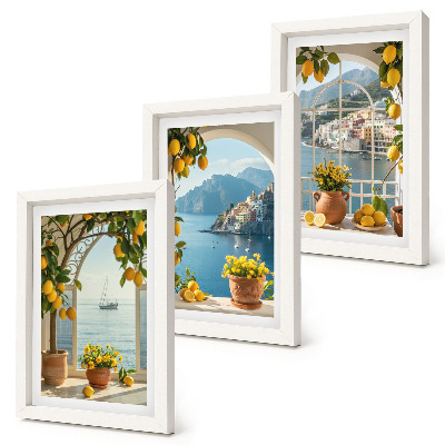 Conjunto de 3 quadros decorativos Cidade litorânea com limões e flores em vasos.