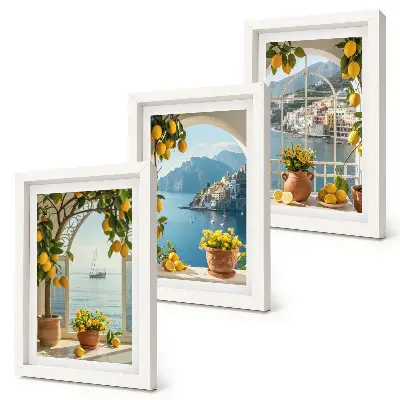 Conjunto de 3 quadros decorativos com estampa de cidade litorânea, limões e flores em vasos