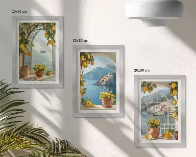 Conjunto de 3 quadros decorativos com estampa de cidade litorânea, limões e flores em vasos