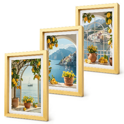 Conjunto de 3 quadros decorativos Cidade litorânea com limões e flores em vasos.