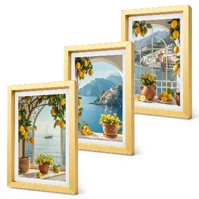 Conjunto de 3 quadros decorativos com estampa de cidade litorânea, limões e flores em vasos