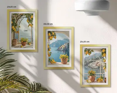Conjunto de 3 quadros decorativos com estampa de cidade litorânea, limões e flores em vasos
