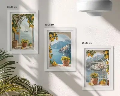 Conjunto de 3 quadros decorativos com estampa de cidade litorânea, limões e flores em vasos