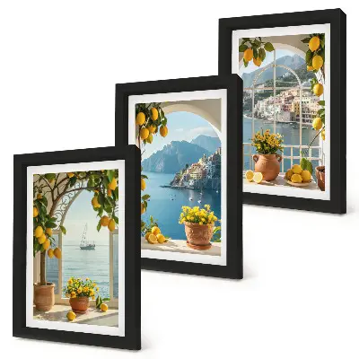 Conjunto de 3 quadros decorativos com estampa de cidade litorânea, limões e flores em vasos