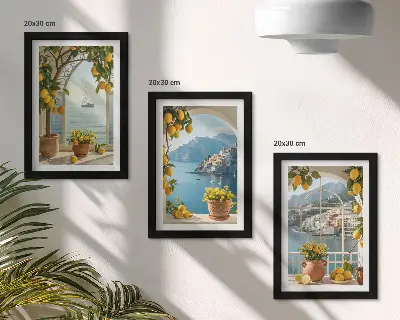 Conjunto de 3 quadros decorativos com estampa de cidade litorânea, limões e flores em vasos