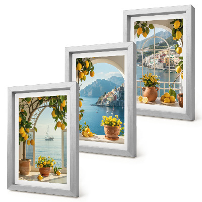 Conjunto de 3 quadros decorativos Cidade litorânea com limões e flores em vasos.