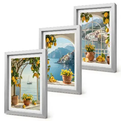 Conjunto de 3 quadros decorativos com estampa de cidade litorânea, limões e flores em vasos