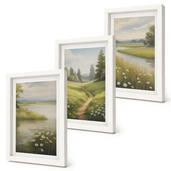 Conjunto de molduras com imagens paisagem primaveril com rio, caminho e prado florido