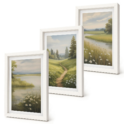 Conjunto de molduras com imagens Paisagem primaveril com um rio, um caminho e um prado florido.