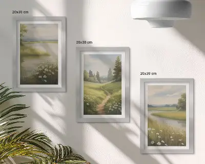 Conjunto de molduras com imagens paisagem primaveril com rio, caminho e prado florido