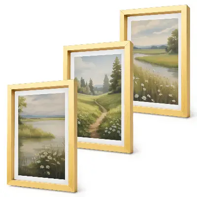 Conjunto de molduras com imagens paisagem primaveril com rio, caminho e prado florido