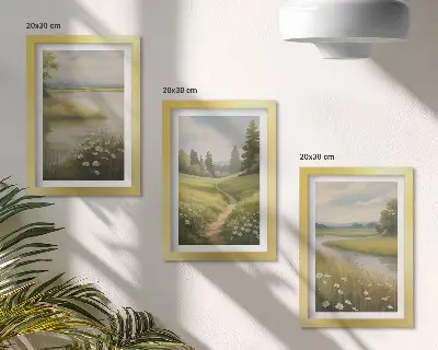 Conjunto de molduras com imagens paisagem primaveril com rio, caminho e prado florido