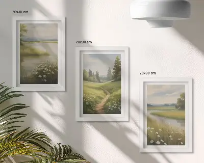 Conjunto de molduras com imagens paisagem primaveril com rio, caminho e prado florido