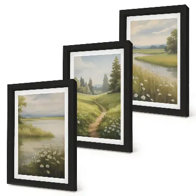 Conjunto de molduras com imagens paisagem primaveril com rio, caminho e prado florido