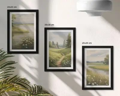 Conjunto de molduras com imagens paisagem primaveril com rio, caminho e prado florido