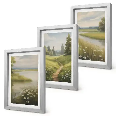 Conjunto de molduras com imagens paisagem primaveril com rio, caminho e prado florido