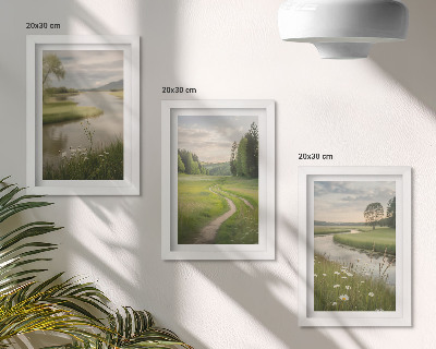 Tríptico com moldura Paisagem tranquila de verão com um rio e um prado florido.
