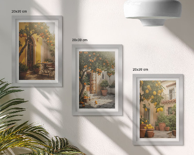 Conjunto de 3 quadros decorativos Pátio ensolarado com árvores cítricas e vasos.
