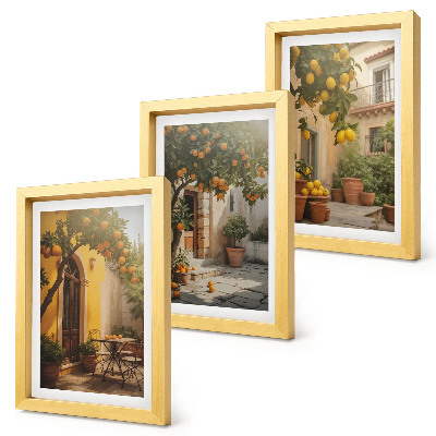 Conjunto de 3 quadros decorativos Pátio ensolarado com árvores cítricas e vasos.